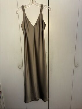 A New Day Women Taupe Maxi Slip Dress Satin Glamour Old Money Hollywood Luxury